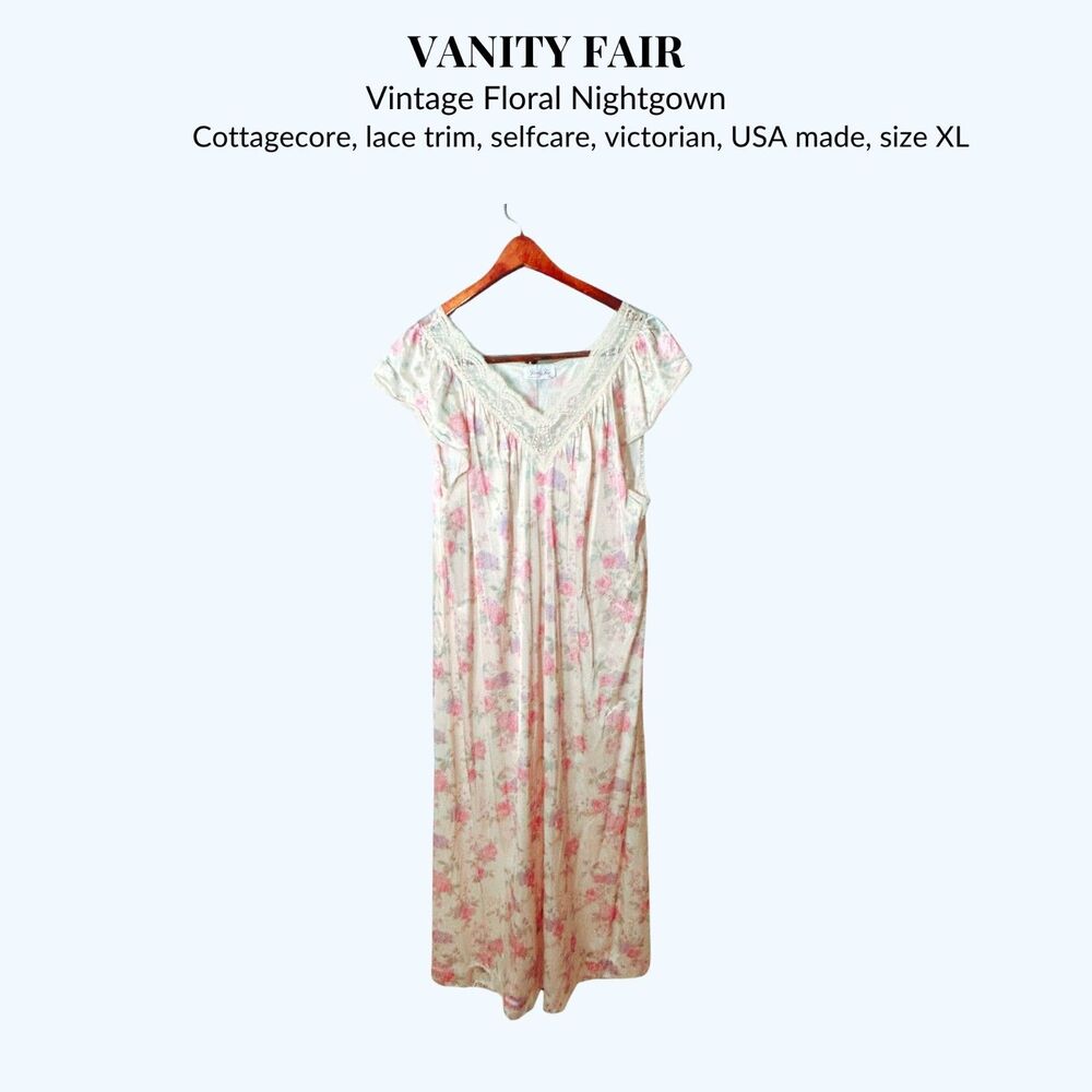 Vintage Vanity Fair Floral Nightgown XL | Lace Trim Cottagecore USA Made